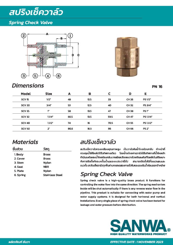 Catalog Van 1 chiều lò xo đồng SCV Sanwa